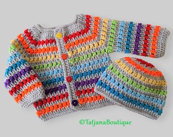 Modèle au crochet pour cardigan et bonnet arc-en-ciel pour bébé, modèle de cardigan au crochet arc-en-ciel, pull arc-en-ciel et bonnet taille 3 - 6 m, PDF #163