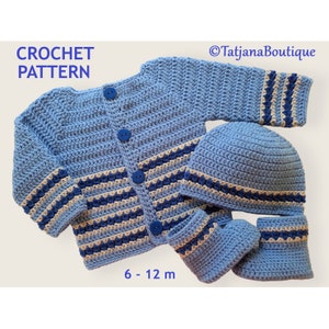 Crochet Pattern Baby Cardigan, Hat and Booties, baby crochet pattern, baby clothes blue sweater hat booties crochet pattern, PDF #136