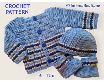 Schema per cardigan, cappellino e scarpine da neonato all'uncinetto, schema per uncinetto per neonati, schema per maglione, cappellino e scarpine blu da neonato all'uncinetto, PDF #136