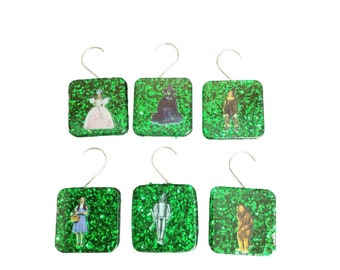 Wizard of Oz themed Christmas Ornaments set of 6 Green Glitter