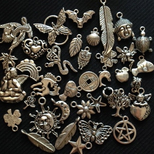 Mixed metal charms x 22 - flowers, trees, fairies, hearts, turtles, cats FREE SHIPPING