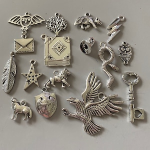 May include: A collection of 14 silver charm pendants featuring various designs, including a book, a feather, a snake, a key, a lion, a bird, a tree, a star, an owl, a lightning bolt, a wolf, a shield, an envelope, and an owl.