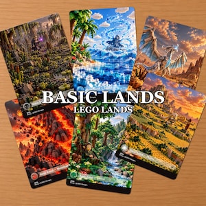 May include: A collection of six rectangular trading cards titled BASIC LANDS LEGO LANDS, featuring colorful, detailed illustrations of fantasy landscapes including a swamp, island, mountain, forest, plains, and a dragon-filled sky.
