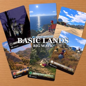 May include: A collection of five rectangular game cards titled BASIC LANDS BIG WALK, featuring diverse landscape illustrations including a dark forest, a sunny ocean cliff, a desert, a rocky mountain, and a grassy field with colorful cartoon characters.