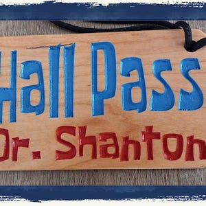 PERSONALIZED CARTOON PASS | real cherry wood | 6&quot; x 3 1/2&quot; x 1/4&quot; inch | lacquer finish.