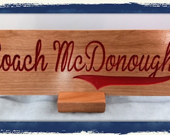 COACH DESK PLATE,  Personalized Hand Made Desk Name Plate | Baseball Softball Sign Sports Plaque | Cherry Wood | Custom Sports Text