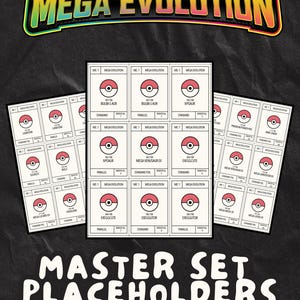 Peut inclure: Téléchargement numérique avec un design 'Mega Evolution'. L'image présente des cartes de remplacement avec des graphiques sur le thème des Pokémon, y compris le texte 'Master Set Placeholders'. Les cartes ont un design Pokéball rouge et blanc. Le fond est sombre.