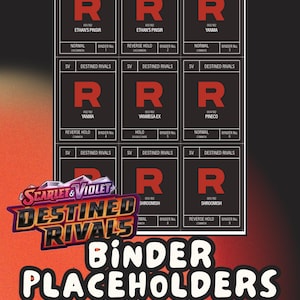 May include: A digital PDF file featuring "Scarlet & Violet Destined Rivals" binder placeholders. The design includes red "R" symbols and card details like "Ethan's Pinsir" and "Yanma." The text "Binder Placeholders" and "Digital Download | PDF File" are also present.