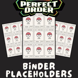 Puede incluir: Archivo PDF digital con marcadores de carpeta sobre un fondo negro. El diseño incluye el texto "MEGA EVOLUTION PERFECT ORDER" e ilustraciones de Poké Balls rojas y blancas. También está presente el texto "BINDER PLACEHOLDERS".