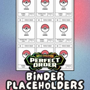 May include: A digital PDF file featuring binder placeholders with a Mega Evolution Perfect Order design. The design includes various Pokémon card templates with the text "SPINARAK", "ARIADOS", and "SHAYMIN". The file is labeled "DIGITAL DOWNLOAD | PDF FILE".