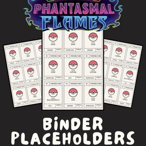 May include: Digital download of binder placeholders featuring "Mega Evolution Phantasmal Flames" design. The design includes various Pokémon card layouts with red and white Pokéball symbols. The text "Binder Placeholders" and "Digital Download | PDF File" are also visible.