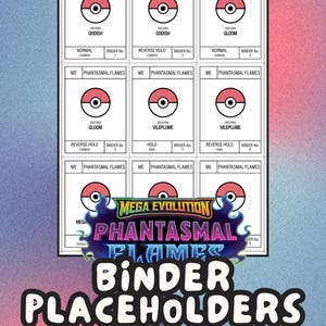 Puede incluir: Un archivo PDF digital con marcadores de carpeta para el juego de cartas coleccionables "Phantasmal Flames". El diseño incluye plantillas de cartas con el logotipo del juego, nombres de cartas y un gráfico de Pokeball. También está presente el texto "Digital Download | PDF File".