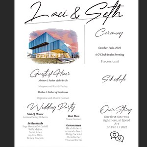 May include: A wedding invitation featuring a watercolour illustration of a building. The invitation is for Laci and Seth's wedding ceremony on 14th October 2023 at 6:00 PM. The invitation also includes a list of the wedding party and a brief description of the couple's love story.