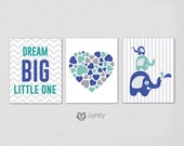Printable Nursery Wall Art, Elephant, Heart Love, Dream Big Little One, Instant DOWNLOAD Nursery Decor, Baby Boy, Set of 3 8x10 JPG files