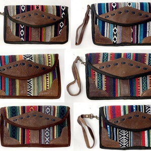 Leather + Cotton Pouch Nepal Nepali bag coin purse cosmetic case ethnic stripe small