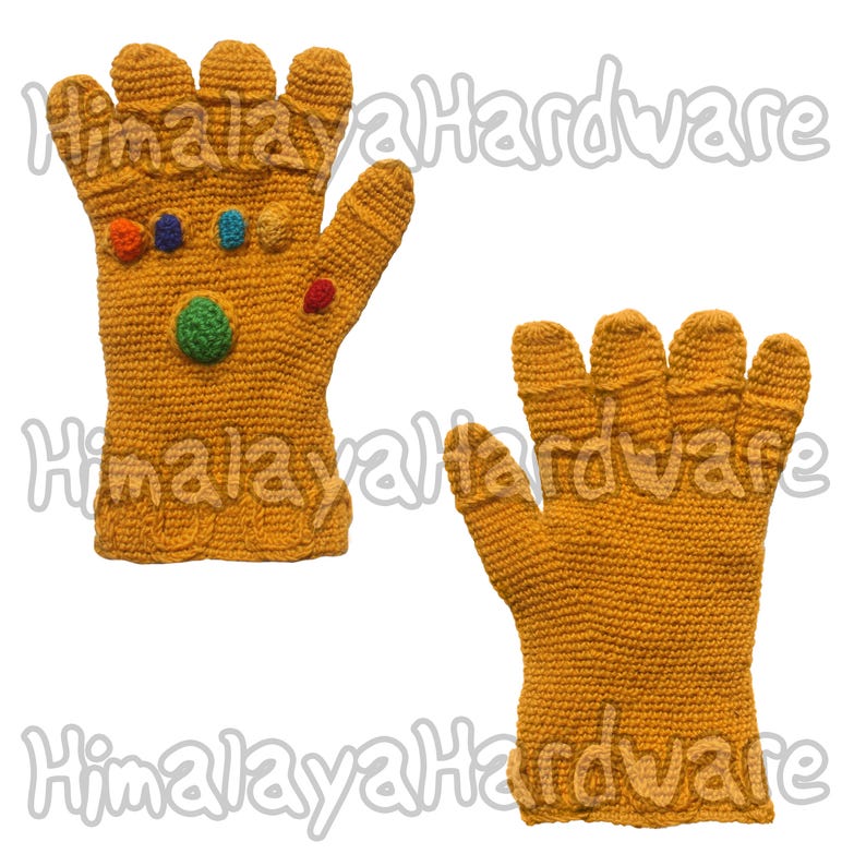 May include: A pair of yellow crocheted gloves with colorful gems on the fingers. The gloves are designed to look like the Infinity Gauntlet from the Marvel Cinematic Universe.