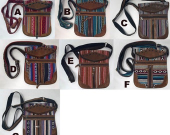 100% Leather + Cotton Side Bag: crossbody shoulder backpack case purse stripe