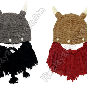 May include: Two knitted Viking hats with attached beards. One hat is gray with a black beard, the other is brown with a red beard.