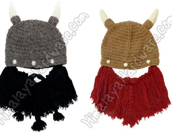 Knit Wool Viking Beard Hat: adjustable removable ski mask horns cap black brown red
