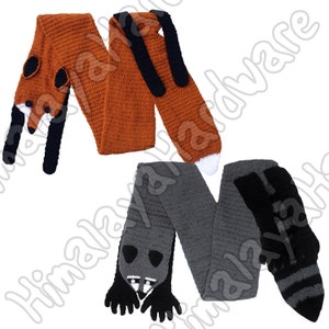 Crochet Fox / Raccoon Scarf: wrap stole faux fake fur brown geek red animal shawl neck print knit