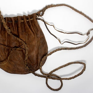 100% Leather Side Pouch: round bag case wizard natural brown strap drawstring