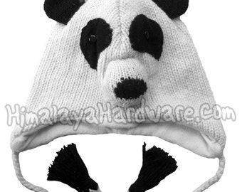 Knit Wool Panda Bear Hat: animal winter ear flap beanie black white