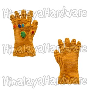 May include: A pair of crocheted gloves, one with a design resembling the Infinity Gauntlet from the Marvel Cinematic Universe. The gauntlet glove features colorful gems and a yellow, orange, and red color scheme.