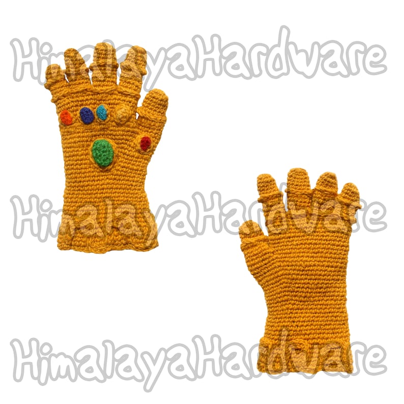 May include: A pair of crocheted gloves, one with a design resembling the Infinity Gauntlet from the Marvel Cinematic Universe. The gauntlet glove features colorful gems and a yellow, orange, and red color scheme.