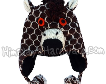 Knit Wool Giraffe Hat: animal face warm winter ear beanie brown white mohawk mane