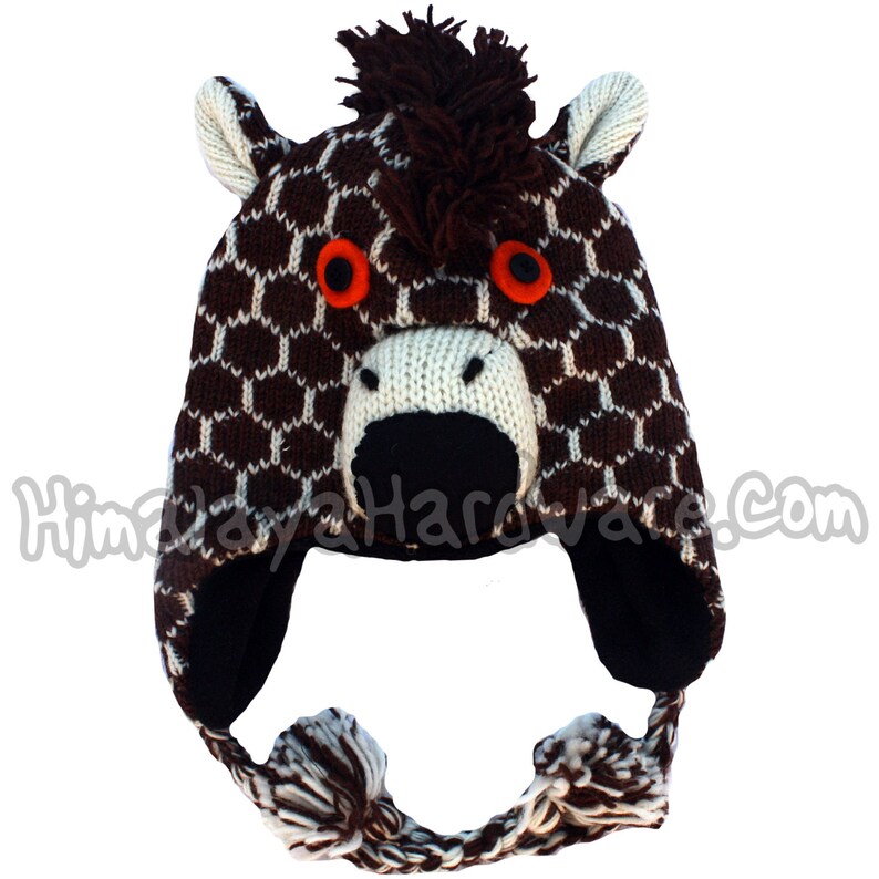 GIRAFFE HAT WOOL KNIT ANIMAL EARFLAP FLEECE LINED WINTER NEPAL BEANIE