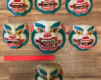 Wood Snow Lion/Foo Dog Mask: wall-hanging carved fu Nepal Nepali Tibet statue