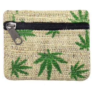 May include: A small, zippered pouch made of natural hessian fabric with a green leaf pattern. The pouch is ideal for storing small items.