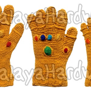 May include: Three crocheted Infinity Gauntlet gloves in yellow with colorful gems. The gloves are made with a textured yarn and have a detailed design.