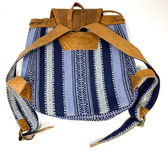 blue and white striped backpack with leather strap Small Ethnic Leather Backpack Nepal/neapli Messenger Sidebag Case Purse  Shoulder