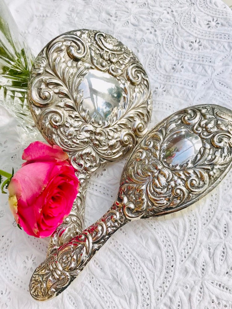 Vintage Sterling Silver Hair Brush And Mirror Green Man Etsy