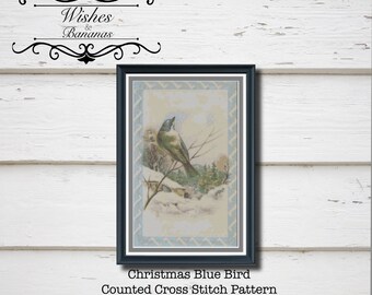 Christmas Cross Stitch Pattern | Christmas Blue Bird | Vintage Illustration | Digital Download | Instant | PDF | Wishes and Bananas