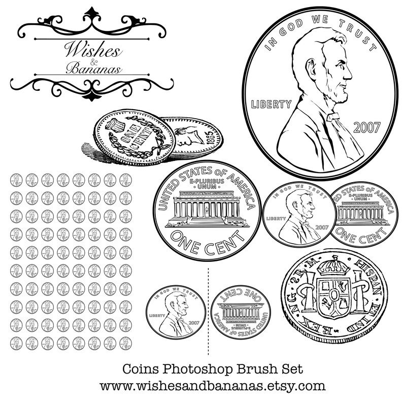 May include: A set of black and white illustrations of US pennies. The set includes a penny with the Lincoln Memorial, a penny with Abraham Lincoln's profile, and a penny with the words "In God We Trust" and "Liberty". The set also includes a grid of 100 pennies.