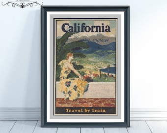 California Counted Cross Stitch Pattern | Travel Poster | Digital Download | Instant | Vintage Advertisement | PDF