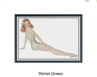 Pin Up Counted Cross Stitch Design | Velvet Green | Vintage | Digital Download | Instant Download | Counted Cross Stitch Pattern