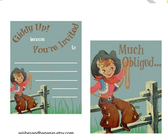 Vintage Cowboy Einladung und Dankeschön Karten Set | Geburtstag | Digitale Datei | Verfügbar zum Download