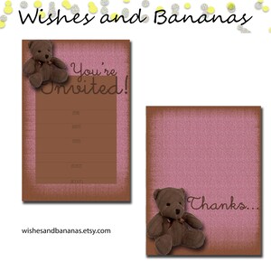 Invitation ours en peluche rose et carte de remerciement | Anniversaire | Douche de bébé | Fichier numérique | Disponible pour le téléchargement