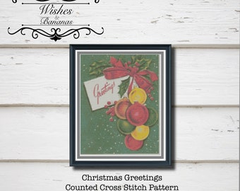 Christmas Cross Stitch Pattern | Christmas Greetings | Vintage Illustration | Digital Download | Instant Download | PDF | Wishes and Bananas