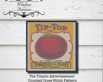 Vintage Advertisement Counted Cross Stitch Design | Tip Top Tomatoes | Digital Download | Instant Download | Counted Cross Stitch Pattern