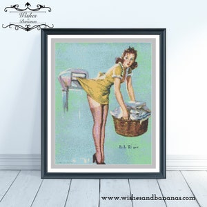 Spring Cleaning Counted Cross Stitch Pattern | Pin Up | Digital Download | Instant | Vintage Illustration | PDF