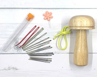 Darning Mushroom kit- darning needles - Wooden Darning Tool - visible mending