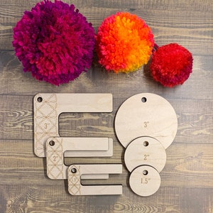 Pom Pom Makers and Pom pom Cutting guides in 3 sizes, 3", 2", 1.5". Wood Pompom maker set, DIY