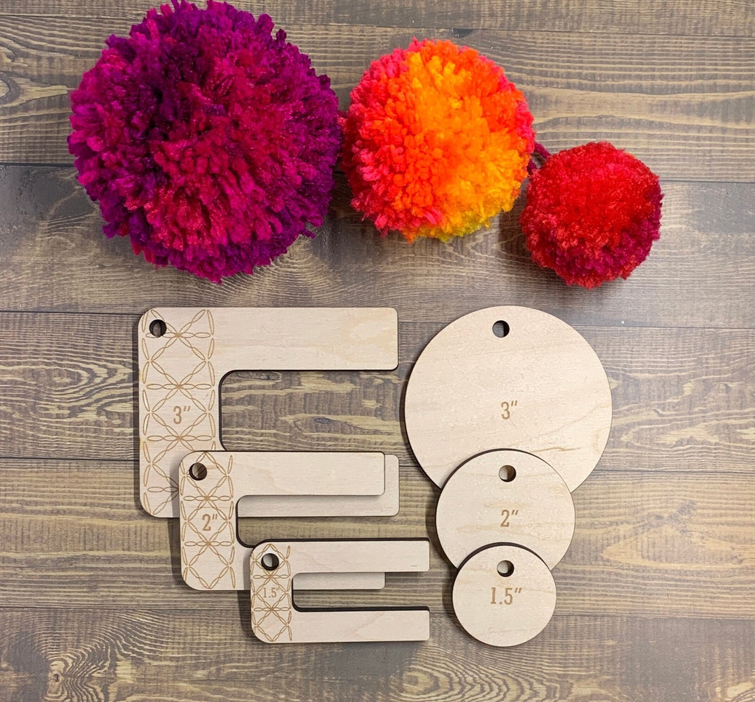 Pom Pom Makers and Pom Pom Cutting Guides in 3 Sizes, 3, 2, 1.5. Wood