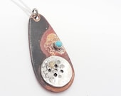 Unique rustic, textured, individual, industrial, space, copper and sterling silver, turquoise, darkened, patina, pendant, necklace