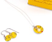 Yellow, quirky, cutesy, recycled, reloved, metal, tin, earrings, reloved necklace  set, sterling silver chain , unique, unusual jewellery.