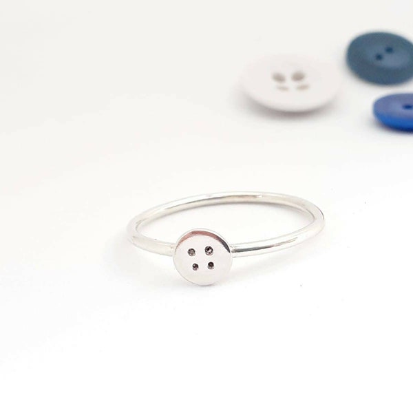 Button, size V uk. sewing ring, jewellery, quirky, whimsical, dainty, cute rings, button ring, craft lover, sterling silver stacking ring